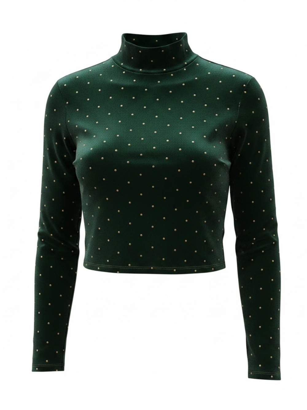 Cropped Turtleneck Long-Sleeve Top in Forest Green with Gold Dots